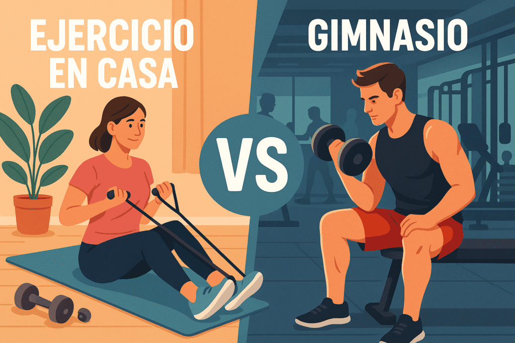 Ilustración comparativa entre hacer ejercicio en casa y en el gimnasio. A la izquierda, una mujer entrena con banda elástica en su sala; a la derecha, un hombre levanta pesas en un gimnasio moderno. Imagen motivacional que representa las ventajas de ambos espacios para ponerse en forma.