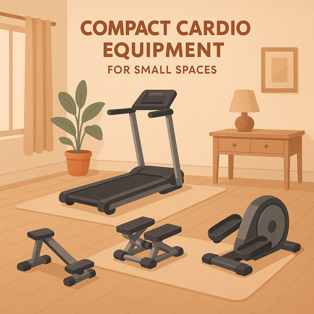 Ilustración digital con aparatos de cardio compactos ideales para espacios reducidos, como una caminadora plegable, un mini stepper y una elíptica pequeña, ubicados en una sala acogedora con decoración minimalista.